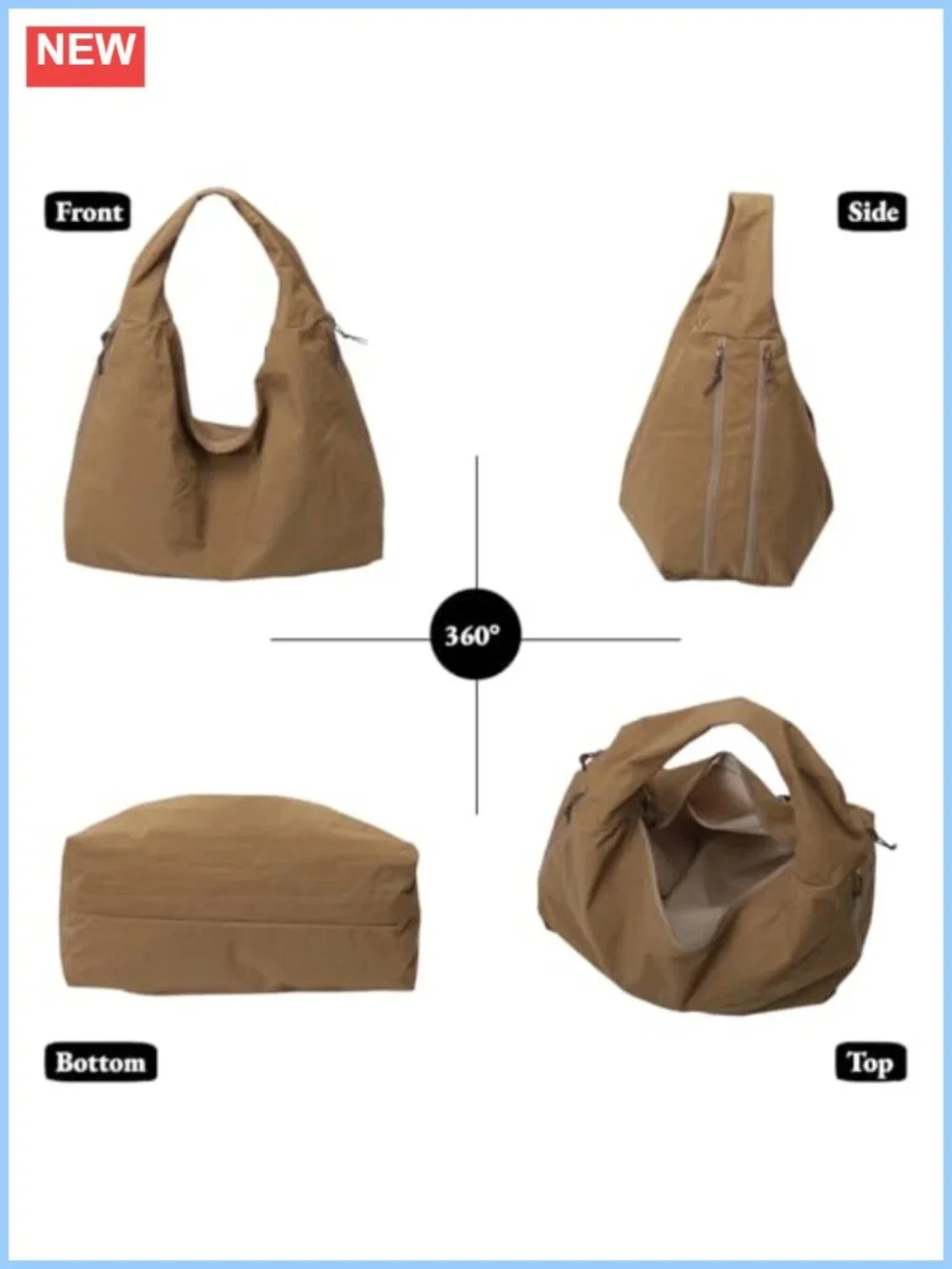 Large Nylon Slouchy Hobo Bag with Multiple Pockets for Travel Work